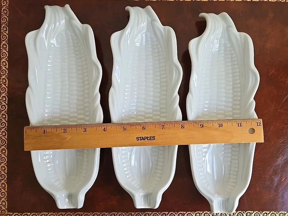 MCM Set Of 3 White Ceramic Corn On The Cob Plates Farmhouse Decor